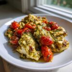Close-up of juicy One-Pan Pesto Chicken with Tomatoes served on a white plate.