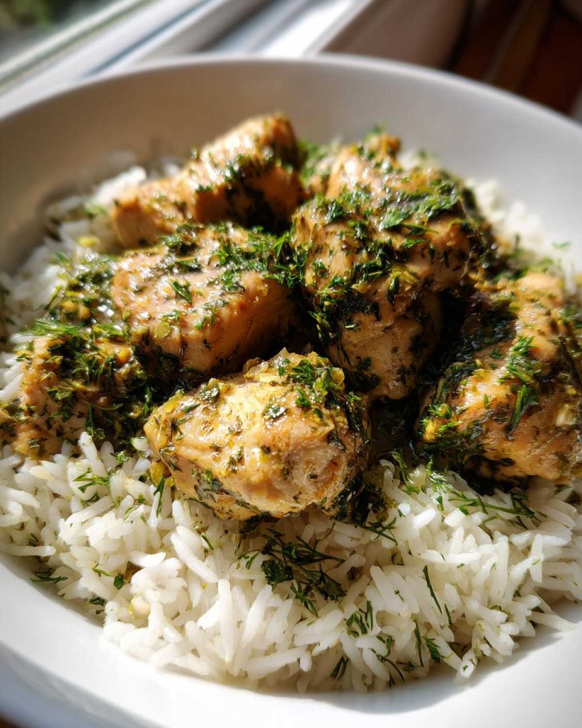 Close-up of tender chicken pieces coated in herbs served over fluffy white rice in a bowl, featuring One-Pot Chicken and Rice with Lemon and Herbs.
