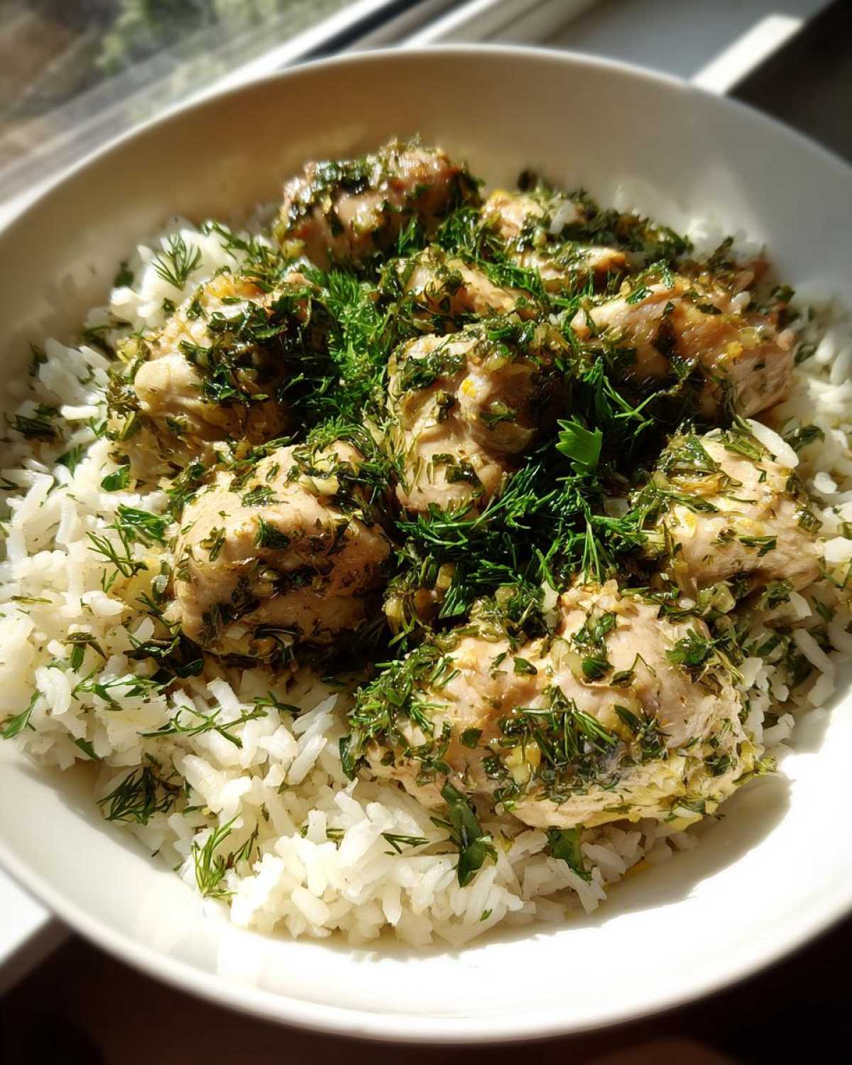 A bowl of One-Pot Chicken and Rice with Lemon and Herbs, topped generously with fresh dill and parsley.