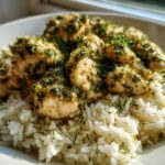 Close-up of tender chicken pieces topped with green herbs served over fluffy white rice in a bowl, showcasing the One-Pot Chicken and Rice with Lemon and Herbs.