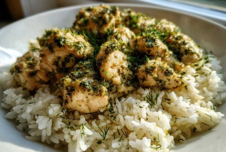 Close-up of tender chicken pieces topped with green herbs served over fluffy white rice in a bowl, showcasing the One-Pot Chicken and Rice with Lemon and Herbs.