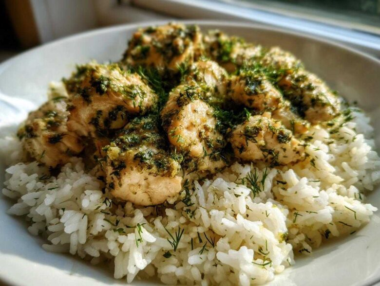 Close-up of tender chicken pieces topped with green herbs served over fluffy white rice in a bowl, showcasing the One-Pot Chicken and Rice with Lemon and Herbs.