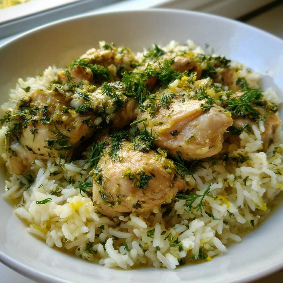 Close-up of tender chicken pieces topped with fresh dill served over fluffy white rice in a white bowl, showcasing the One-Pot Chicken and Rice with Lemon and Herbs.