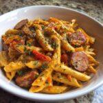 A close-up of One-Pot Creamy Cajun Sausage Pasta featuring penne, sliced sausage, and red peppers in a rich sauce.