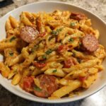A close-up of a white bowl filled with One-Pot Creamy Cajun Sausage Pasta, featuring penne, creamy sauce, and sliced sausage.