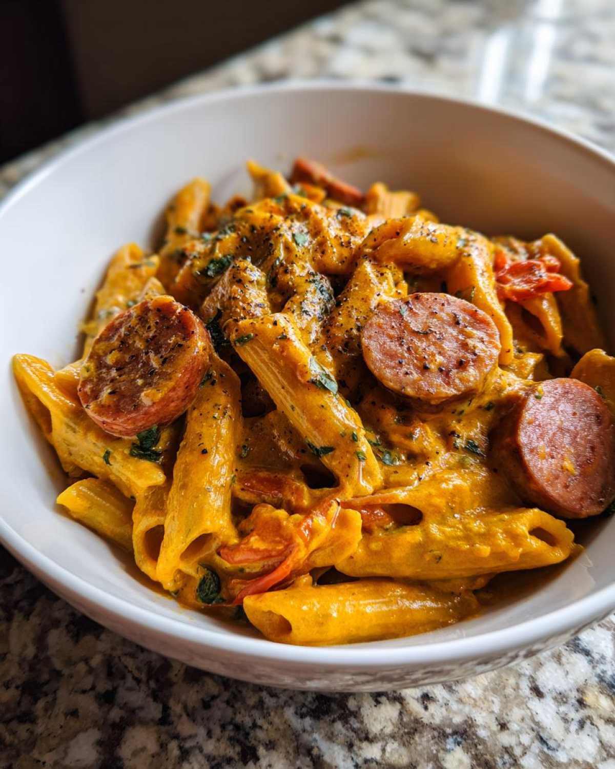 A close-up of One-Pot Creamy Cajun Sausage Pasta in a white bowl, featuring penne pasta, sliced sausage, and a rich orange sauce.