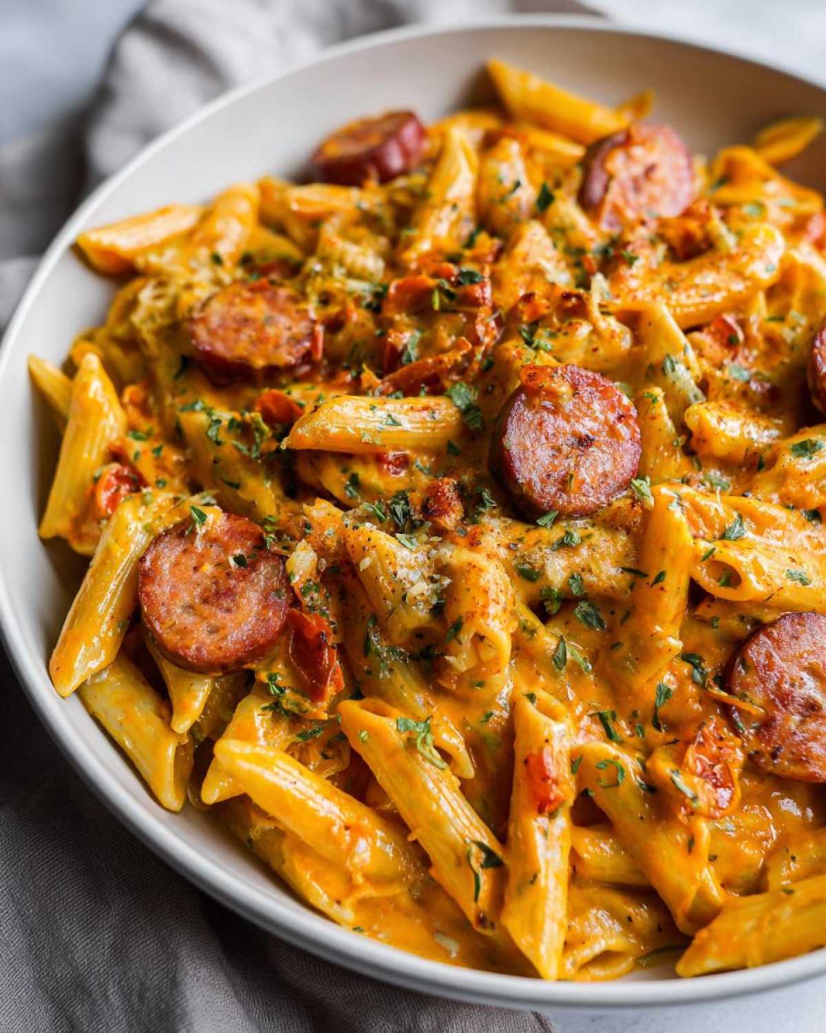 A close-up view of a bowl filled with One-Pot Creamy Cajun Sausage Pasta, featuring penne pasta and sliced smoked sausage.