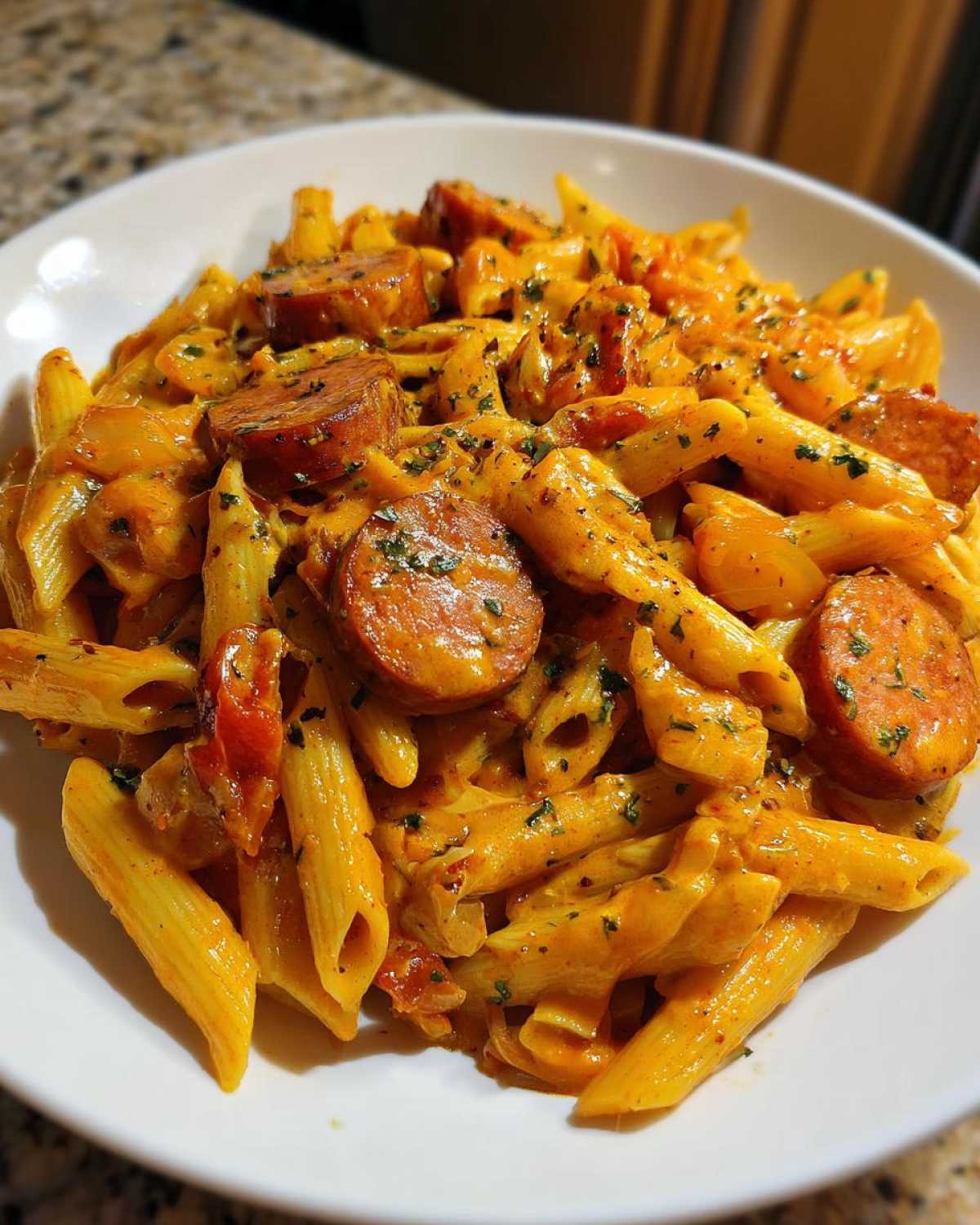 Close-up of a white bowl filled with One-Pot Creamy Cajun Sausage Pasta, featuring penne pasta and sliced smoked sausage.