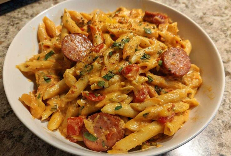 A close-up of a white bowl filled with One-Pot Creamy Cajun Sausage Pasta, featuring penne, creamy sauce, and sliced sausage.