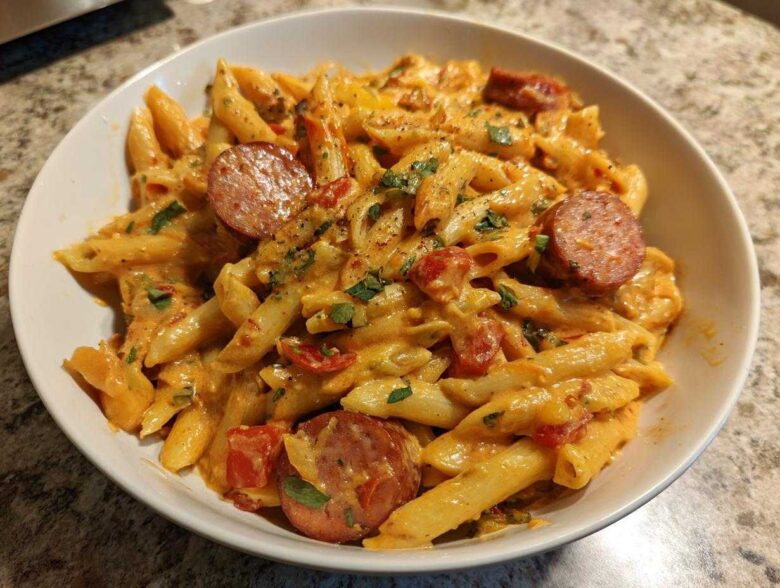 A close-up of a white bowl filled with One-Pot Creamy Cajun Sausage Pasta, featuring penne, creamy sauce, and sliced sausage.