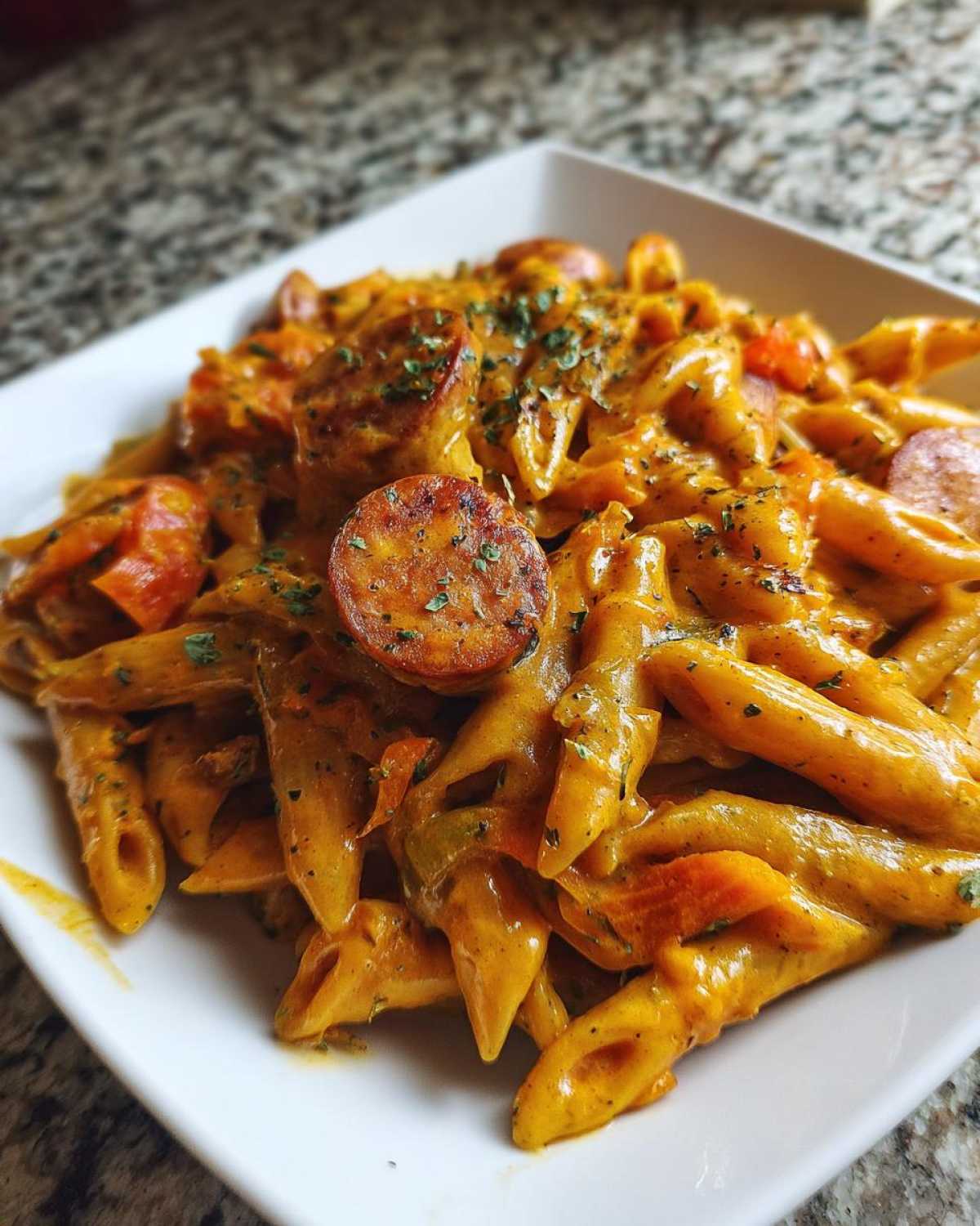 A close-up serving of One-Pot Creamy Cajun Sausage Pasta featuring penne coated in a rich orange sauce and slices of smoked sausage.