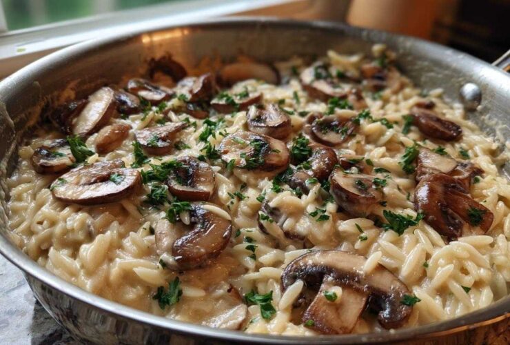 Close-up of creamy One-Pot Creamy Mushroom Orzo topped with sautéed mushrooms and parsley in a stainless steel skillet.