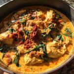 Close-up of One-Pot Creamy Sun-Dried Tomato Chicken with spinach in a rich, orange sauce inside a cooking pan.