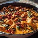 Close-up of One-Pot Creamy Sun-Dried Tomato Chicken simmering in a white enameled skillet with spinach.