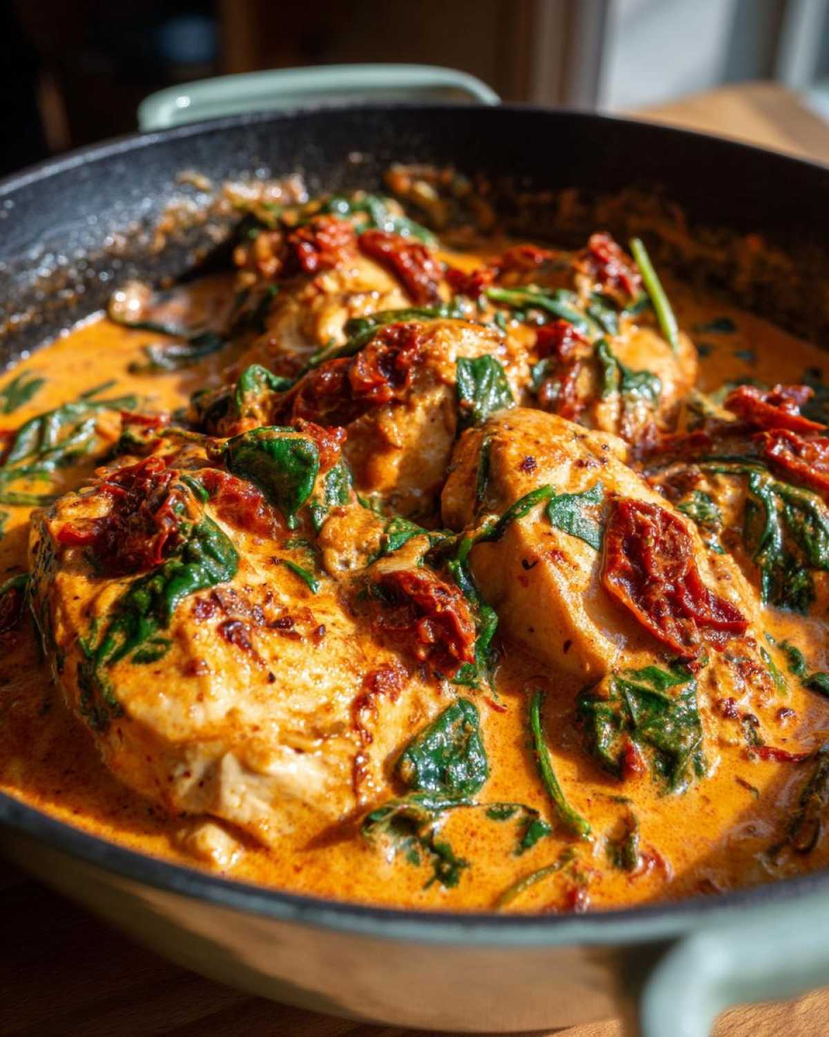 Close-up of chicken breasts simmering in a rich, creamy sauce with spinach and sun-dried tomatoes for One-Pot Creamy Sun-Dried Tomato Chicken.