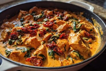 Close-up of One-Pot Creamy Sun-Dried Tomato Chicken simmering in a white enameled skillet with spinach.