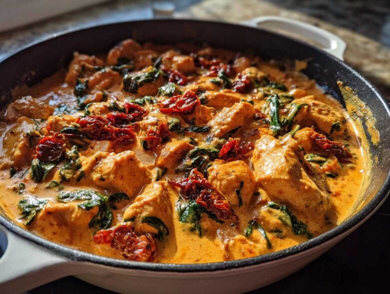 Close-up of One-Pot Creamy Sun-Dried Tomato Chicken simmering in a white enameled skillet with spinach.