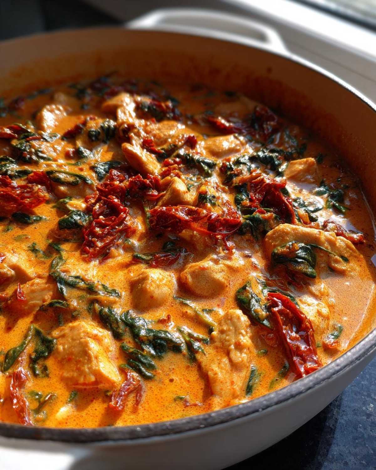 Close-up of One-Pot Creamy Sun-Dried Tomato Chicken with spinach in a white dutch oven.