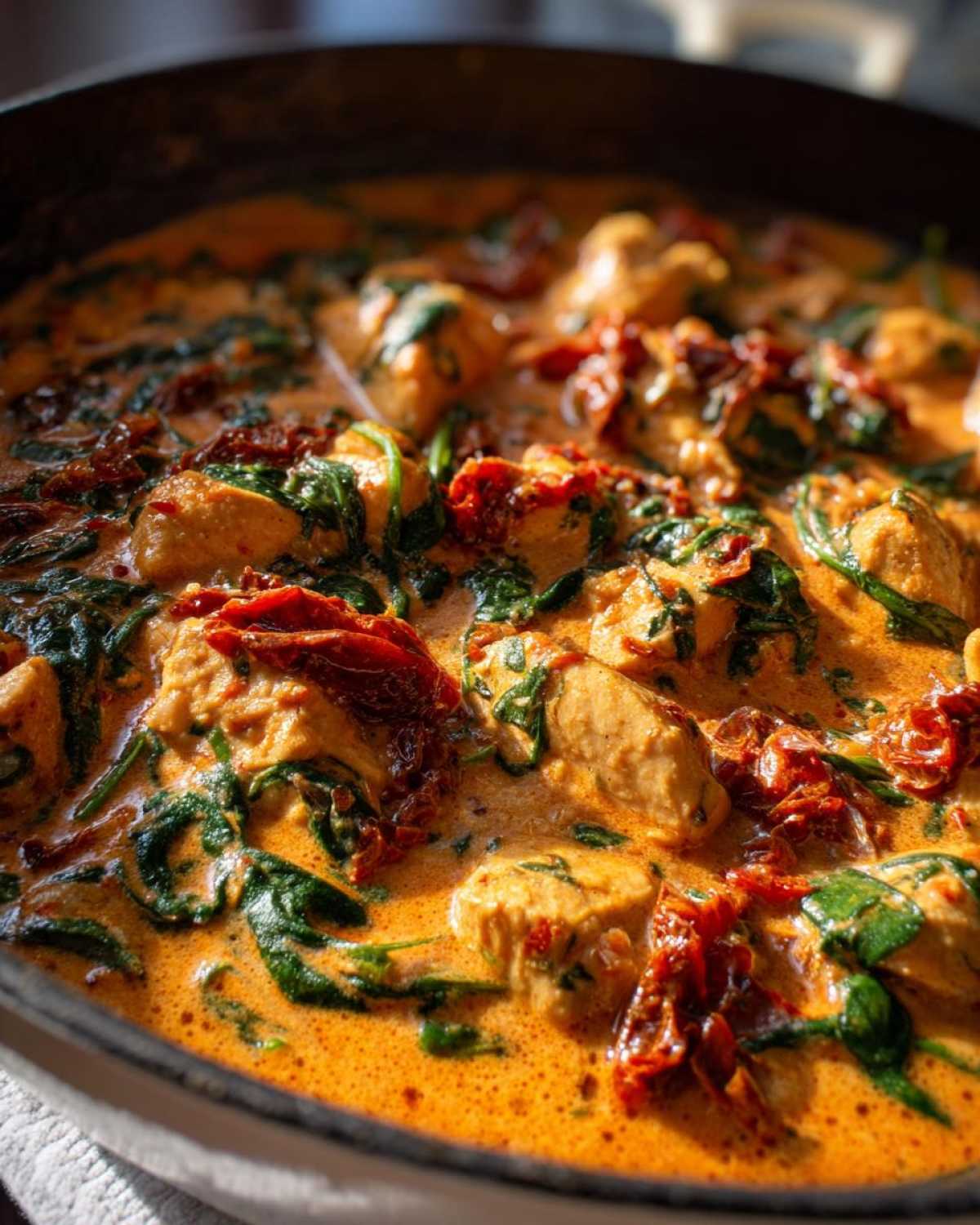 Close-up of One-Pot Creamy Sun-Dried Tomato Chicken simmering in a skillet with spinach and sun-dried tomatoes.