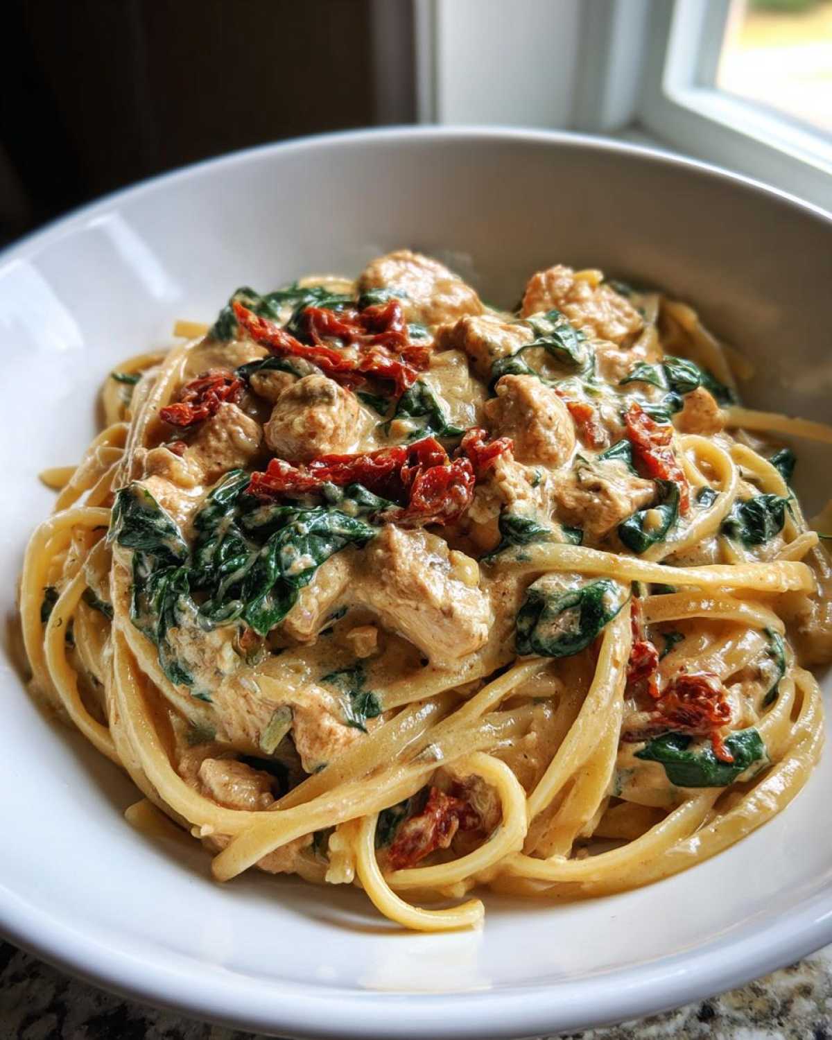 Close-up of a bowl filled with One-Pot Creamy Tuscan Chicken Pasta, featuring linguine, chicken pieces, spinach, and sun-dried tomatoes.
