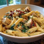 A close-up of a white bowl filled with One-Pot Creamy Tuscan Chicken Pasta featuring penne, chicken pieces, spinach, and sun-dried tomatoes.