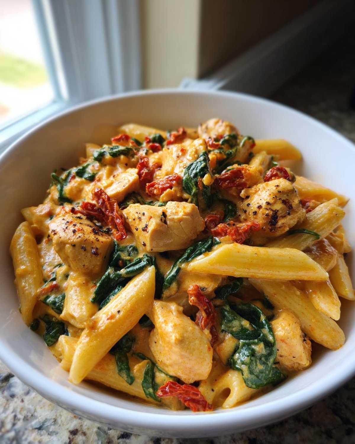 Close-up of a white bowl filled with One-Pot Creamy Tuscan Chicken Pasta featuring penne, chicken chunks, spinach, and sun-dried tomatoes.