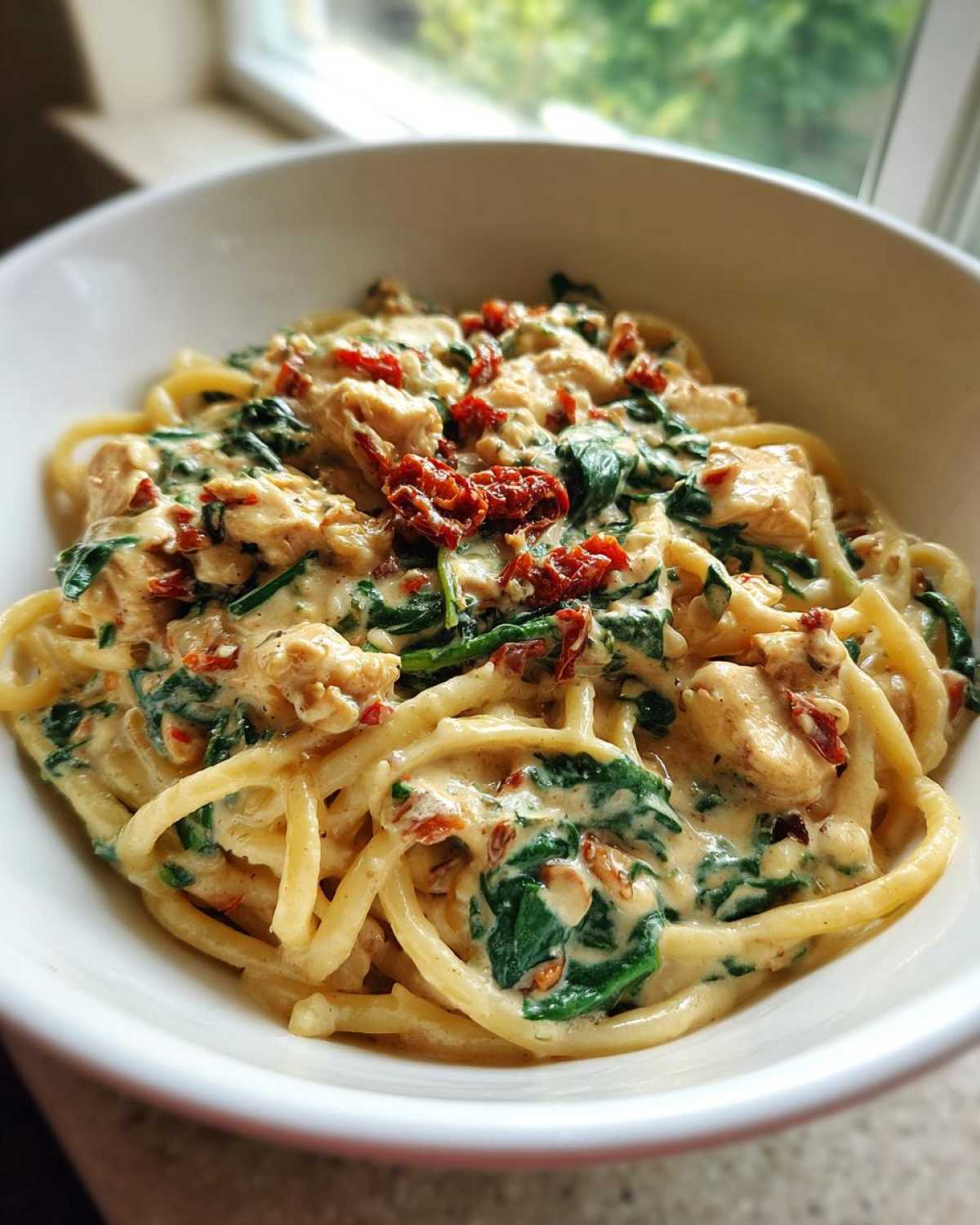A close-up view of a bowl filled with One-Pot Creamy Tuscan Chicken Pasta, featuring spinach and sun-dried tomatoes.