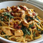 Close-up of One-Pot Creamy Tuscan Chicken Pasta featuring linguine, chicken pieces, spinach, and sun-dried tomatoes.