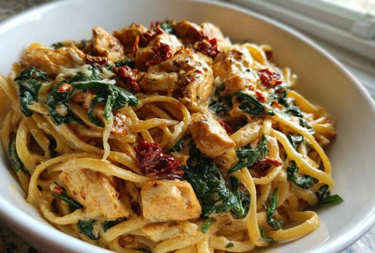 Close-up of One-Pot Creamy Tuscan Chicken Pasta featuring linguine, chicken pieces, spinach, and sun-dried tomatoes.
