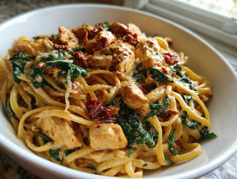 Close-up of One-Pot Creamy Tuscan Chicken Pasta featuring linguine, chicken pieces, spinach, and sun-dried tomatoes.