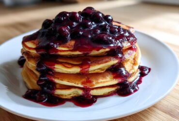 A stack of fluffy pancakes generously topped with thick, rich Homemade Blueberry Syrup and whole berries.