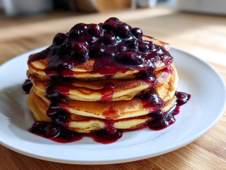 A stack of fluffy pancakes generously topped with thick, rich Homemade Blueberry Syrup and whole berries.
