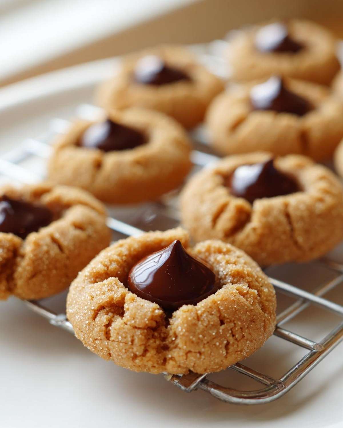 Close-up of a freshly baked Peanut Butter Blossom Cookie cooling on a wire rack, topped with a melted chocolate kiss.