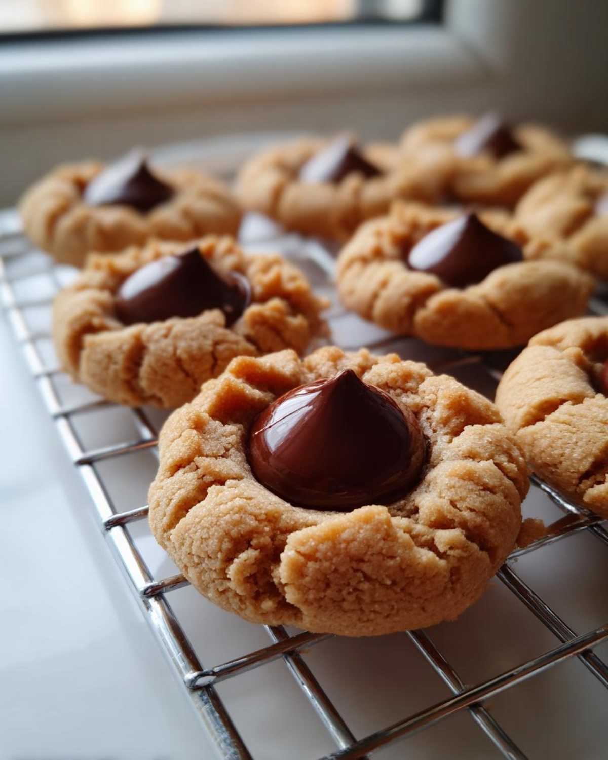 Close-up of freshly baked Peanut Butter Blossom Cookies cooling on a wire rack with a chocolate kiss center.