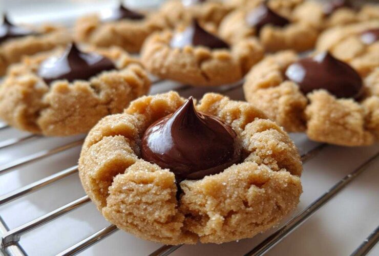 Close-up of a freshly baked Peanut Butter Blossom Cookie with a chocolate kiss center cooling on a wire rack.