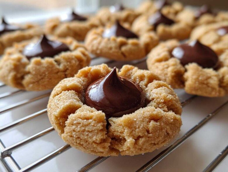 Close-up of a freshly baked Peanut Butter Blossom Cookie with a chocolate kiss center cooling on a wire rack.
