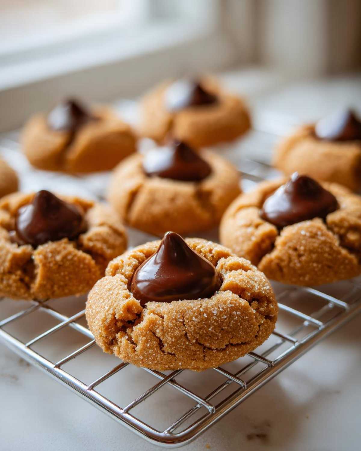 Close-up of freshly baked Peanut Butter Blossom Cookies cooling on a wire rack, topped with a chocolate kiss.