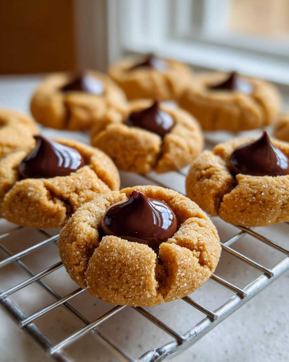 Close-up of several freshly baked Peanut Butter Blossom Cookies cooling on a wire rack, topped with a chocolate kiss.