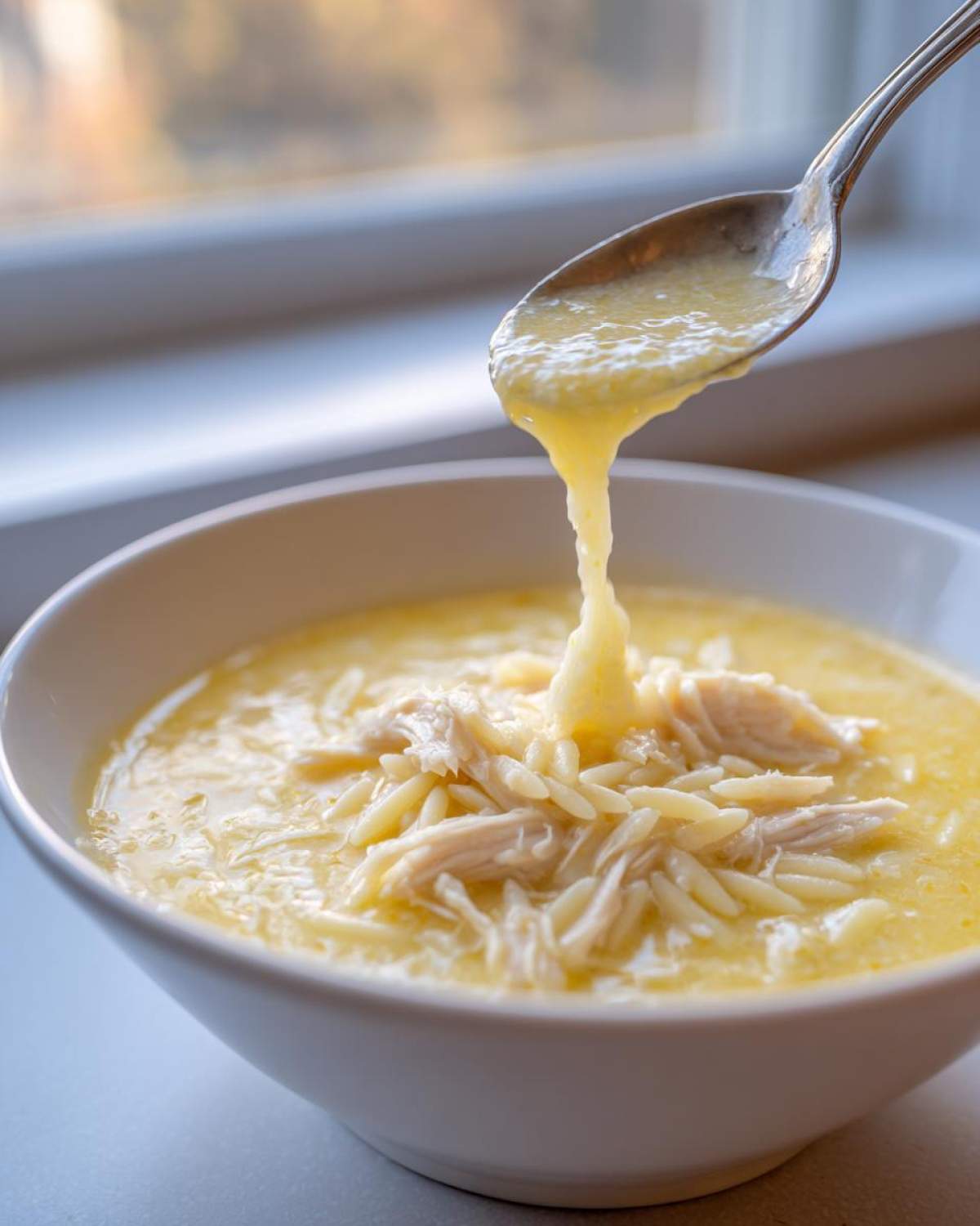 A spoonful of creamy broth is drizzled back into a bowl of Greek Lemon Chicken Soup with shredded chicken and orzo pasta.