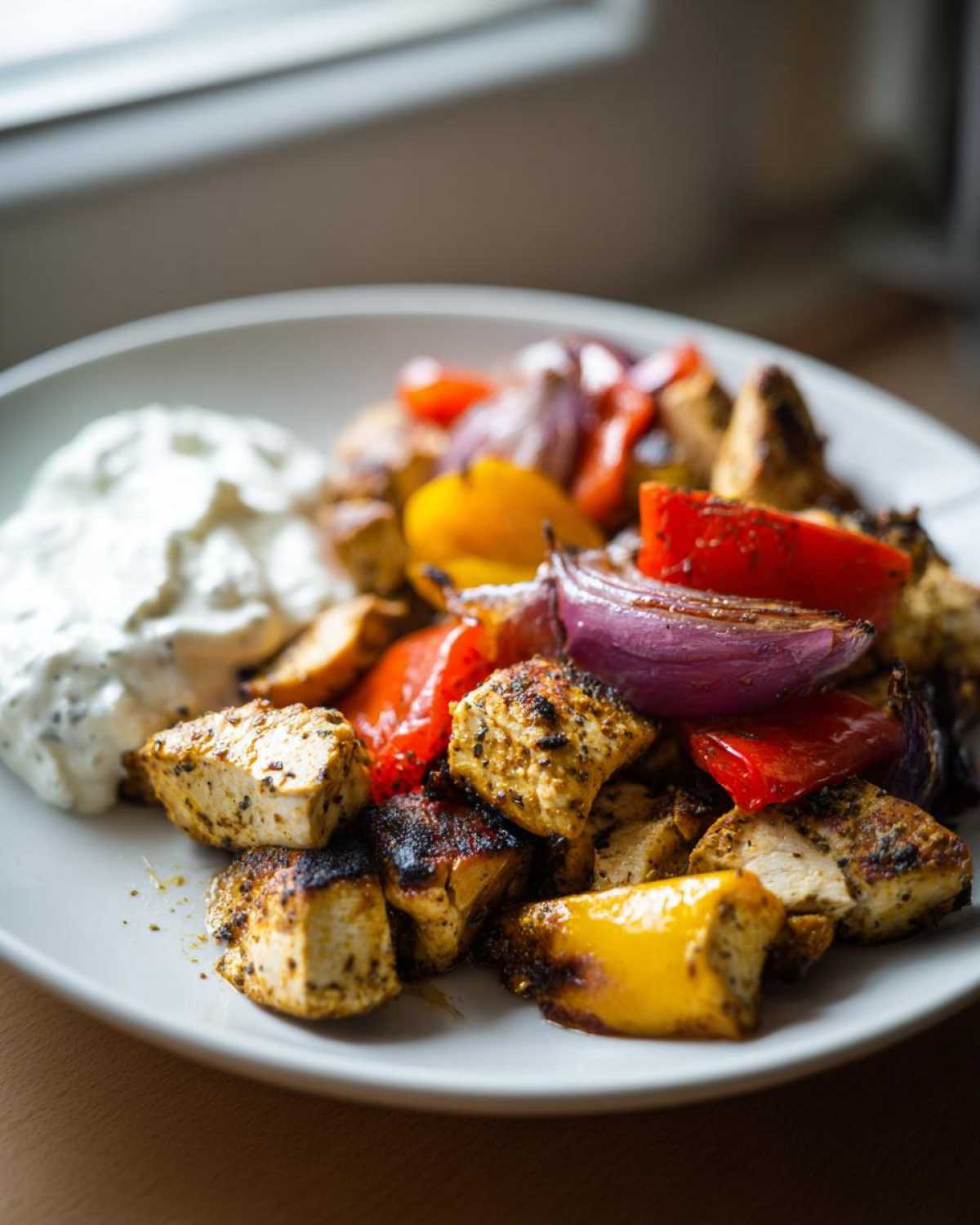 Close-up of Sheet Pan Chicken Shawarma pieces served with roasted peppers, onions, and a dollop of garlic yogurt sauce.