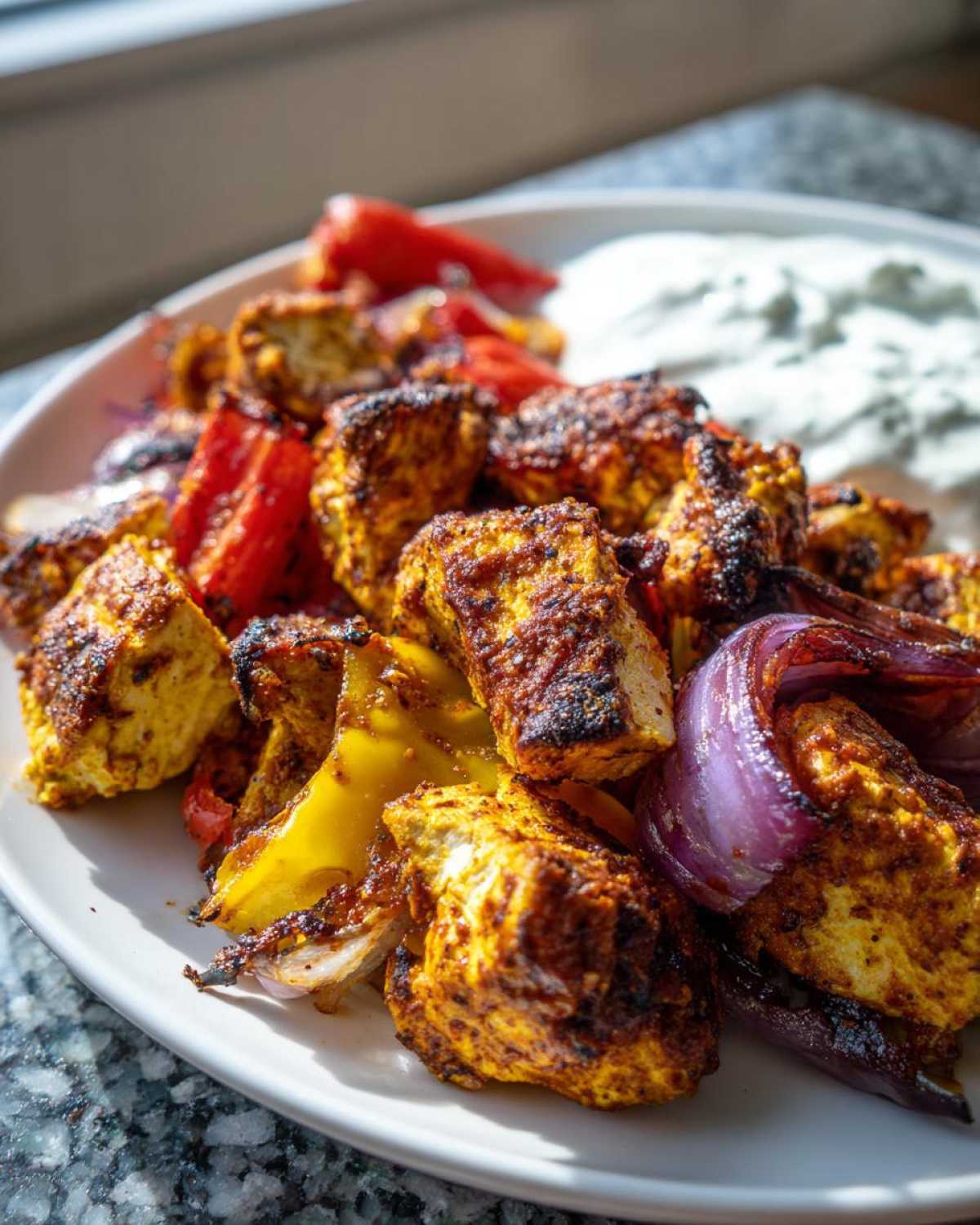 Close-up of seasoned Sheet Pan Chicken Shawarma pieces served with roasted red onion and bell peppers, beside garlic yogurt sauce.