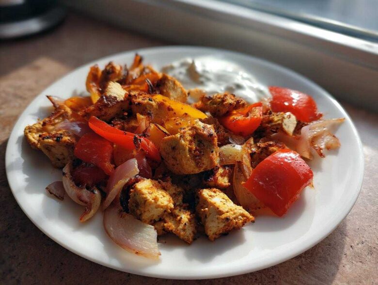 A plate of Sheet Pan Chicken Shawarma mixed with roasted red peppers and onions, served with a dollop of garlic yogurt sauce.