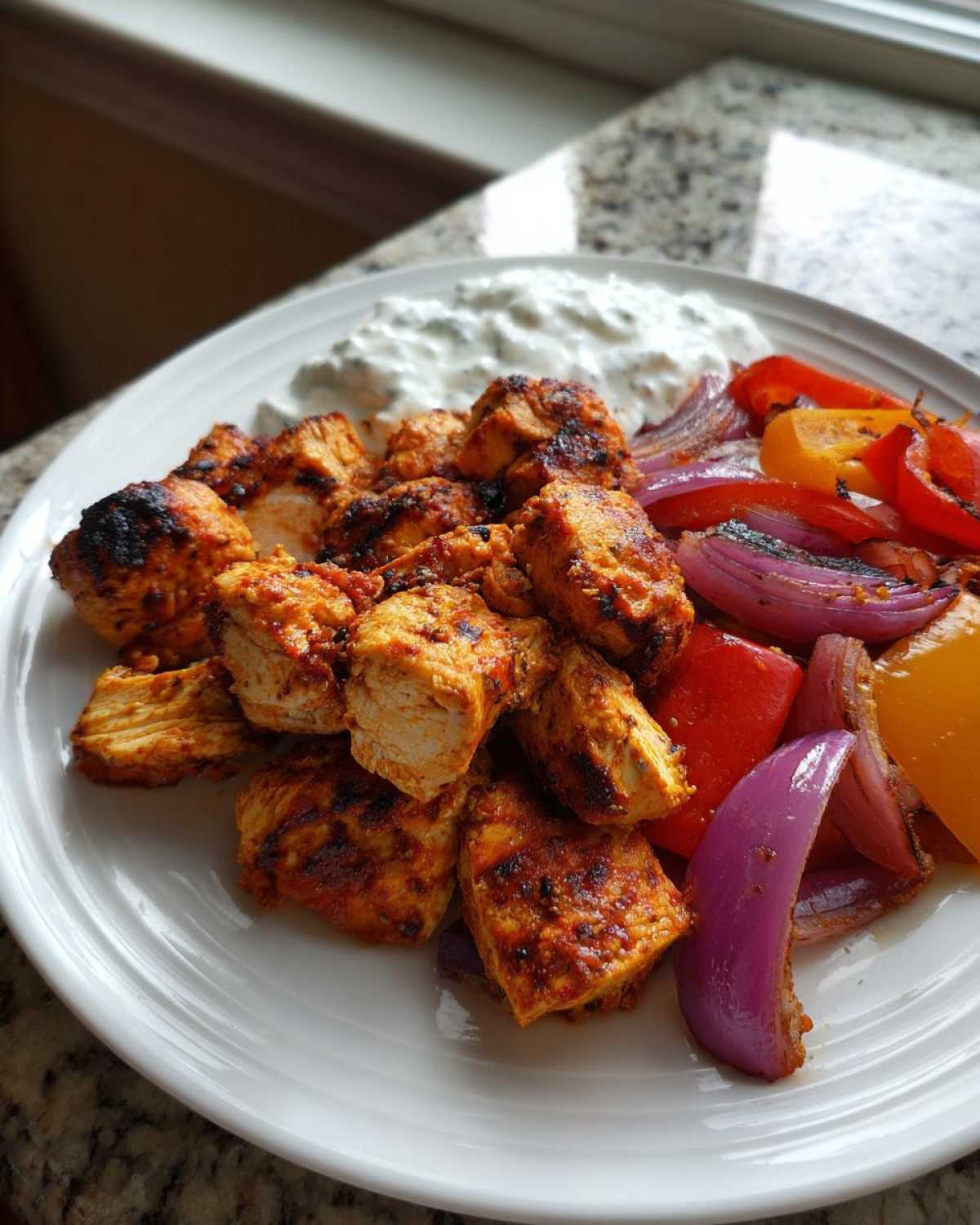 Plate of seasoned Sheet Pan Chicken Shawarma pieces served with roasted peppers, onions, and garlic yogurt sauce.