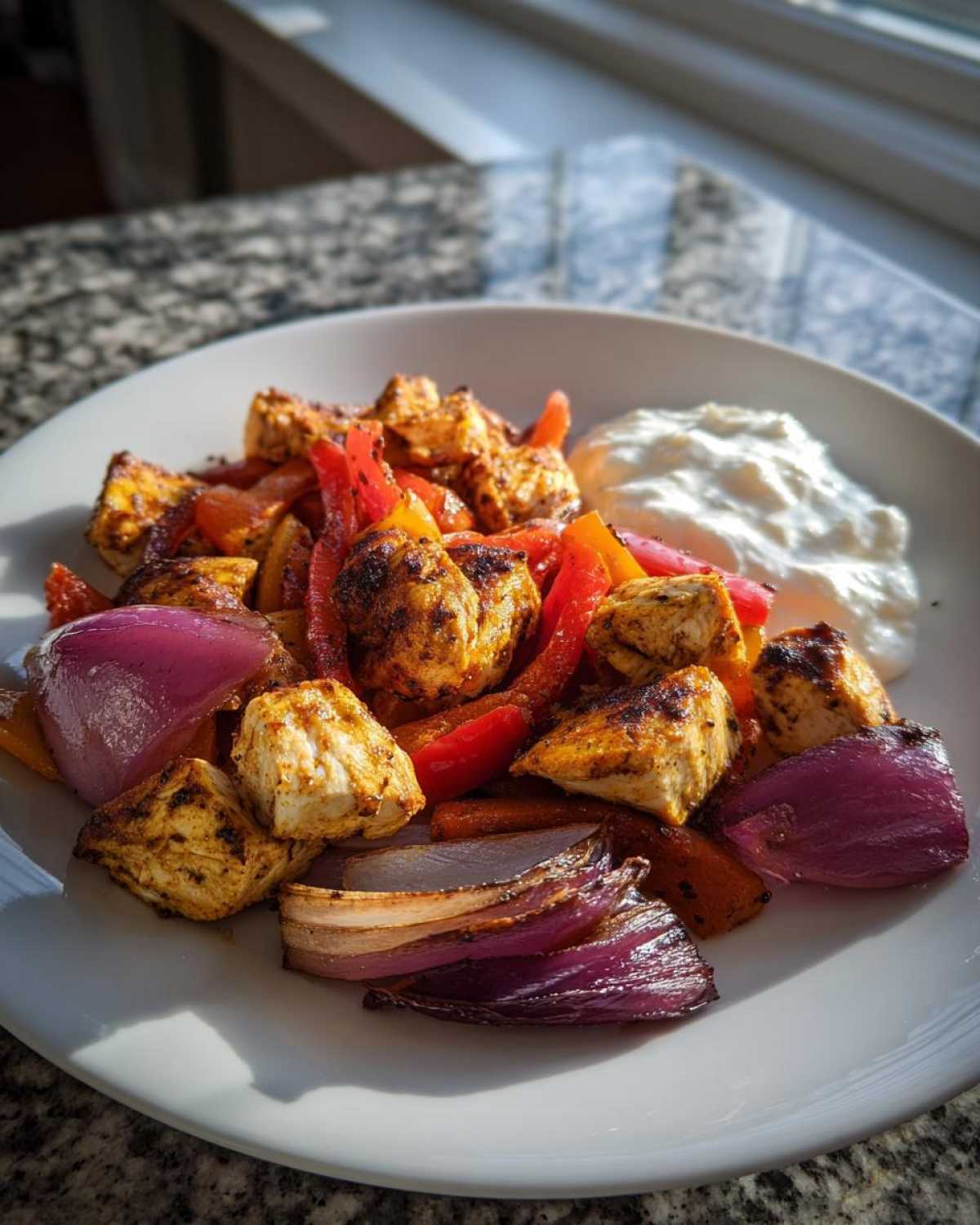 A white plate featuring seasoned Sheet Pan Chicken Shawarma pieces, roasted red peppers, and purple onions next to a dollop of garlic yogurt sauce.