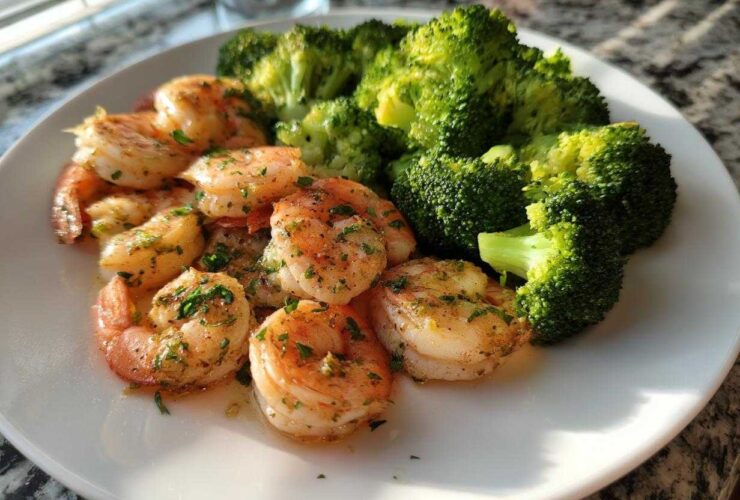 Cooked shrimp coated in garlic butter and parsley served next to bright green broccoli florets.