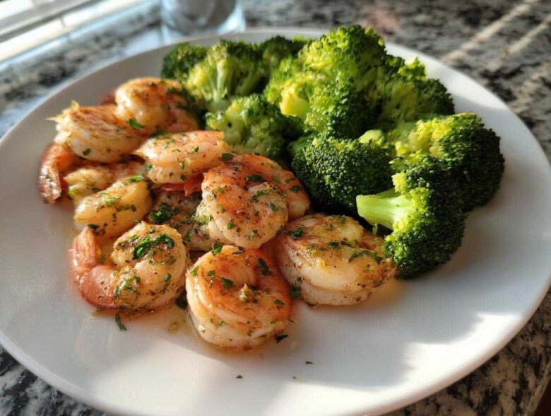 Cooked shrimp coated in garlic butter and parsley served next to bright green broccoli florets.