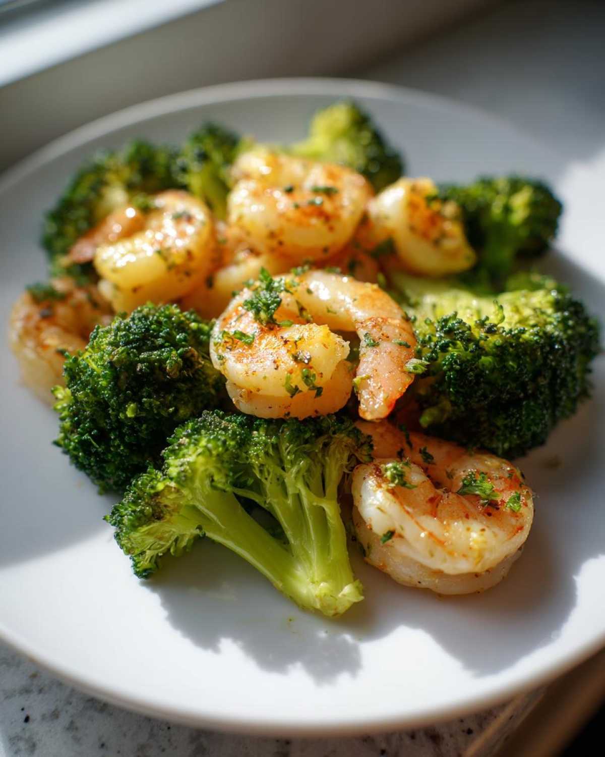 Close-up of cooked shrimp and bright green broccoli florets served on a white plate, seasoned for Sheet Pan Garlic Butter Shrimp and Broccoli.