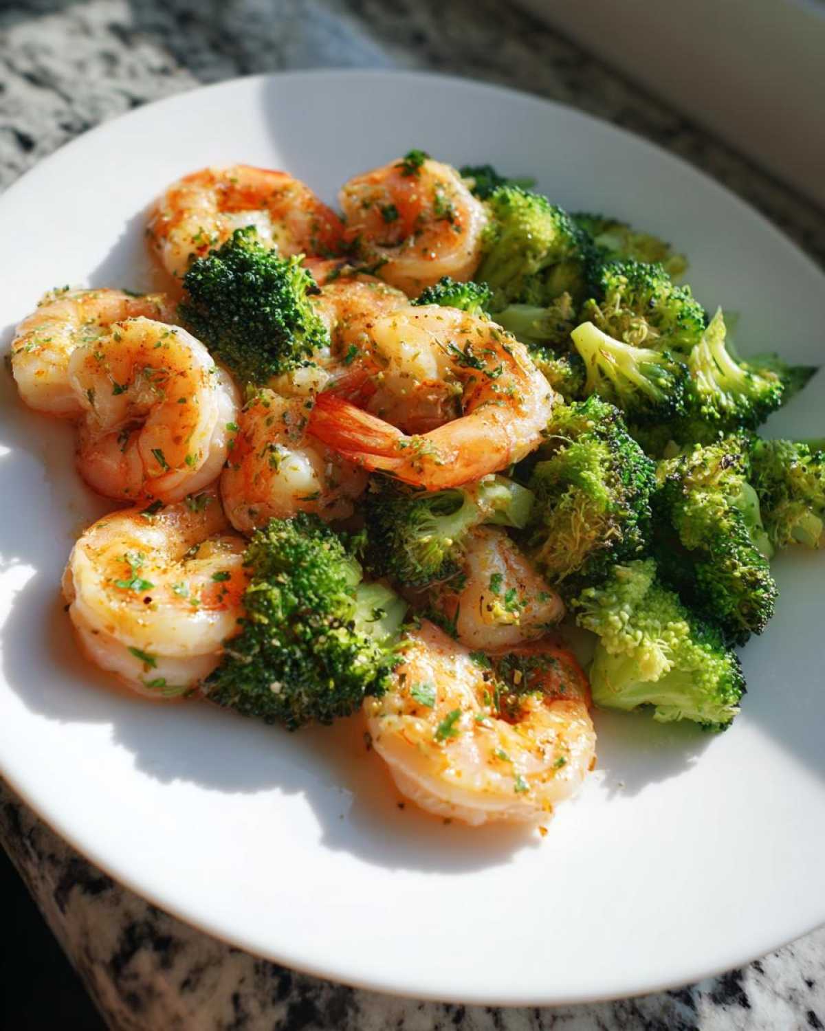 Cooked shrimp and bright green broccoli florets seasoned with herbs, served on a white plate, part of the Sheet Pan Garlic Butter Shrimp and Broccoli.