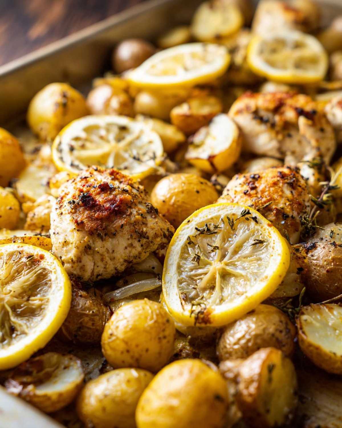Close-up of baked Sheet Pan Lemon Pepper Chicken and Potatoes with roasted lemon slices.