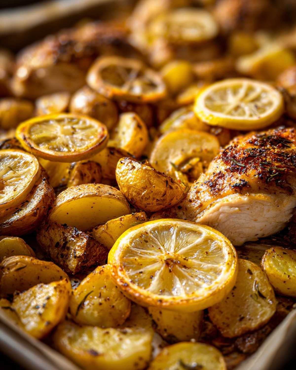 Close-up of roasted chicken breast, potatoes, and lemon slices from Sheet Pan Lemon Pepper Chicken and Potatoes.
